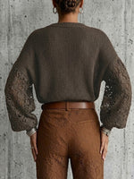 Lace Cut-out Lantern Sleeve V-neck Knit Pullover
