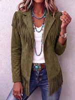 Women's Solid Color Lapel Long-sleeved Casual Loose Tassel Jacket