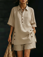 Cozy Loose-fitting Button Shirt And Shorts Cotton Linen Two-piece Set