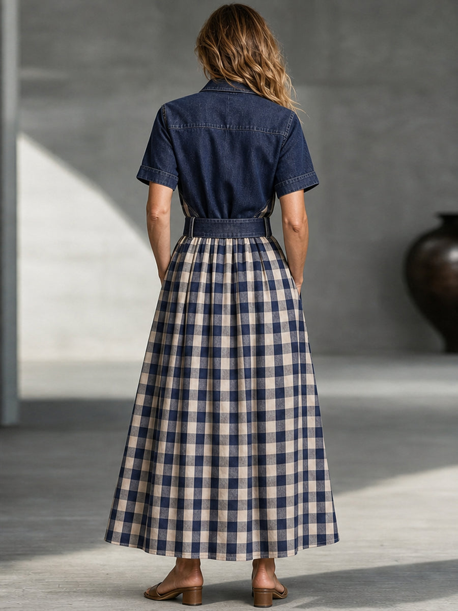Vintage Denim Yoke & Plaid Patchwork Shirt Dress With Belt