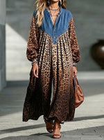 Boho Denim Patchwork Leopard Print Wide-leg Jumpsuit