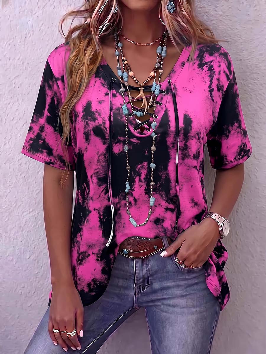 Women's Abstract Print V-neck Tie-waist Short-sleeve Cotton Top