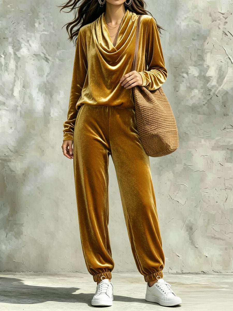 Comfortable And Casual Velvet Cowl-neck Top And Trousers Two-piece Set