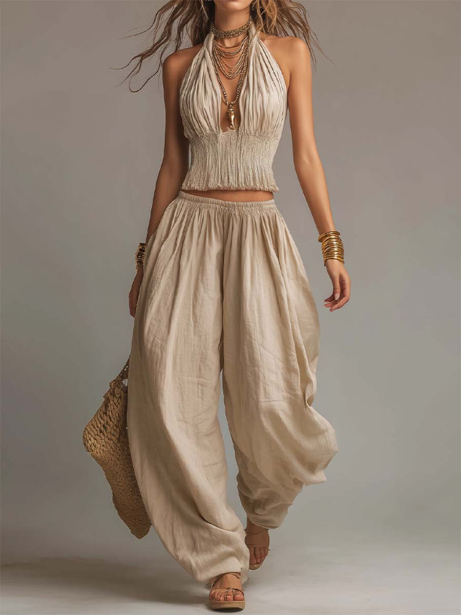 Sexy Boho Halter Top & Wide-leg Pants Two-piece Set