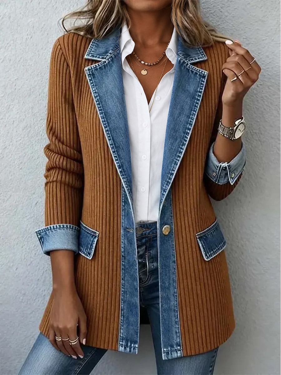 Casual Paneled Ribbed Cotton-blend Denim Blazer