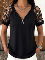 Women's Solid Color V-neck Short-sleeved Casual Loose Hollow-out Rhinestone Patchwork Top