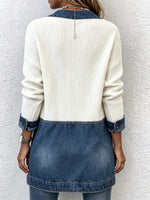 Casual Denim Panel Ribbed Knit Hooded Cardigan