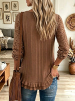 V Neck Lace Spliced Ribbed Long Sleeve Boho Top