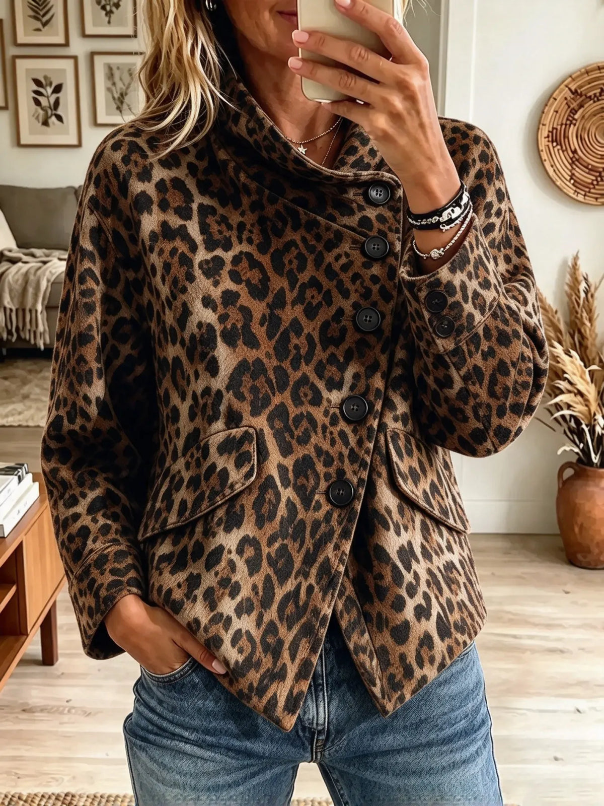 Women's Leopard Print Asymmetrical Button Collar Jacket