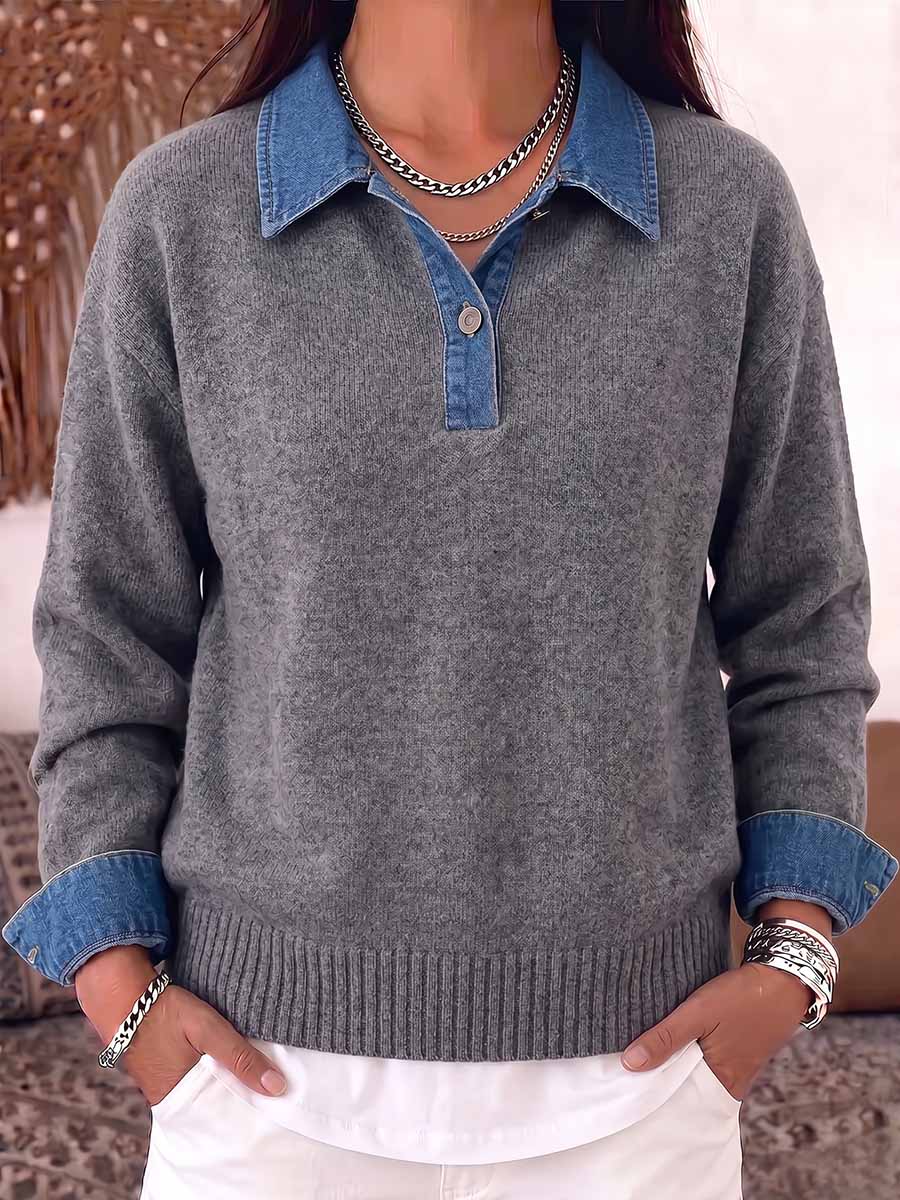 Women's Pullover Collar Long-sleeved Casual Loose Denim Patchwork Knit Top
