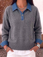 Women's Pullover Collar Long-sleeved Casual Loose Denim Patchwork Knit Top