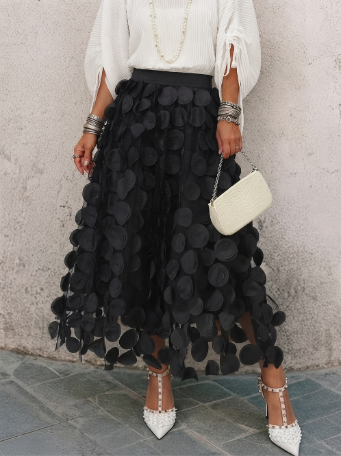 Lined Midi Skirt Featuring 3d Decorative Appliqués And Mesh Paneling