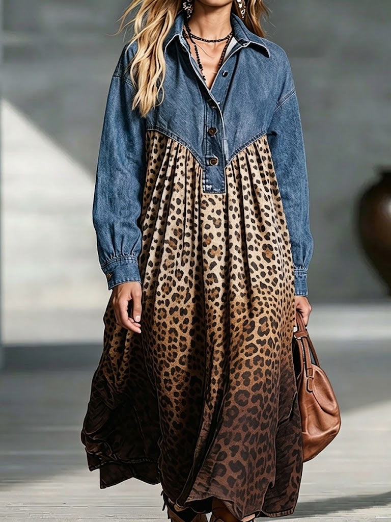 Vintage Denim Patchwork Leopard Print Maxi Dress