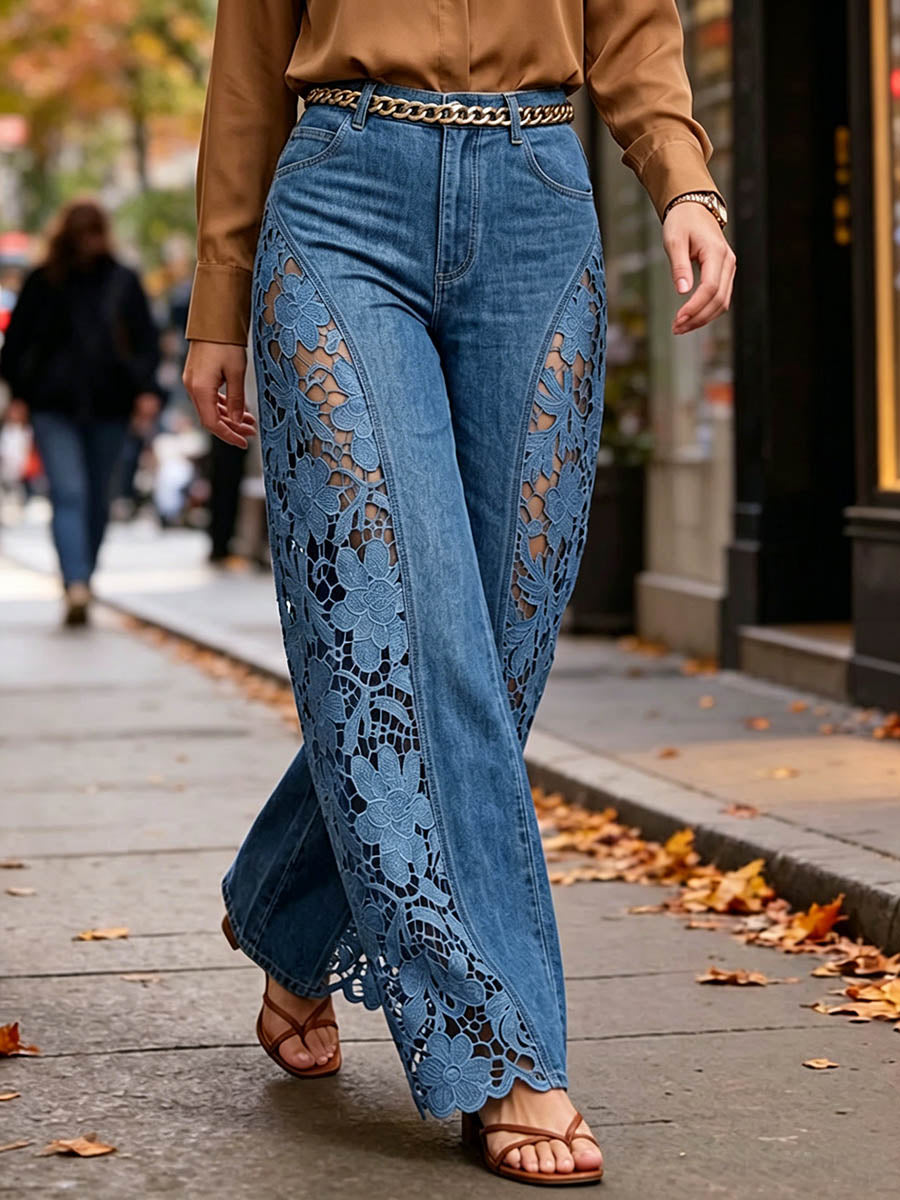 Women's High-waisted Loose-fit Embroidered & Paneled Wide-leg Jeans