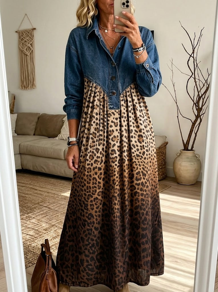 Vintage Denim Patchwork Leopard Print Maxi Dress