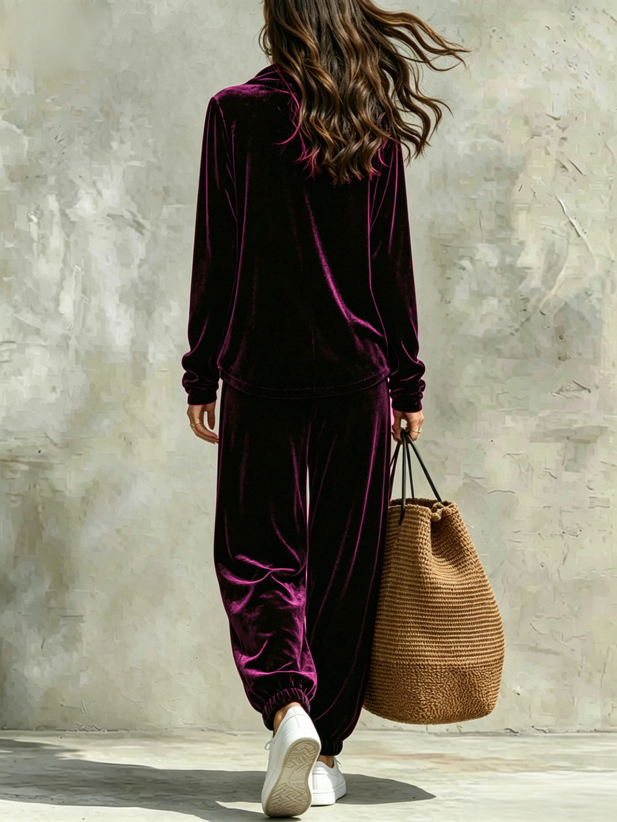 Comfortable And Casual Velvet Cowl-neck Top And Trousers Two-piece Set