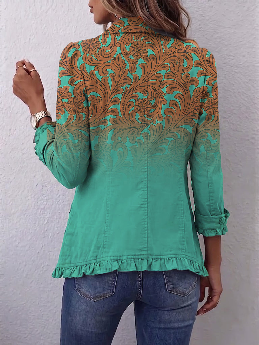 Vintage-style Bohemian Print Linen-cotton Ruffle Jacket