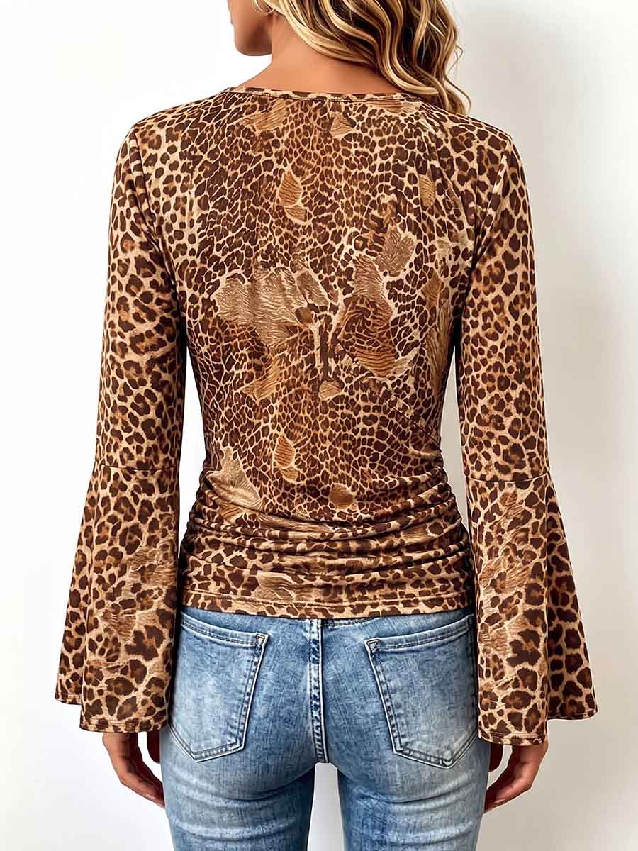 Women's Leopard Print V-neck Long Sleeve Casual Loose Stretch Top
