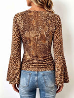 Women's Leopard Print V-neck Long Sleeve Casual Loose Stretch Top