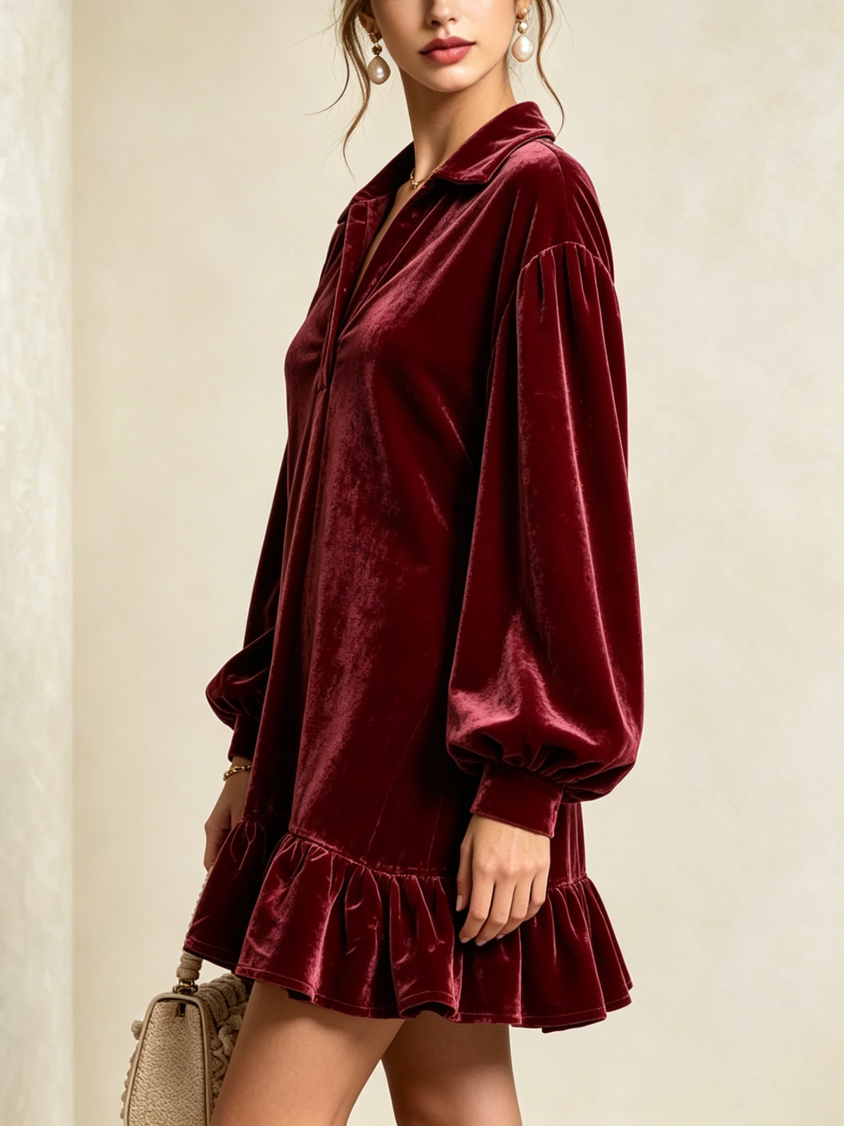 Velvet Loose-fit Mini Dress Featuring A Lapel Collar, Partial Button Placket, Lantern Sleeves, And A Ruffled Hem