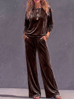 Women's Solid Color Round Neck Long Sleeve Casual Loose Top High Waist Wide Leg Pants Velvet Suit