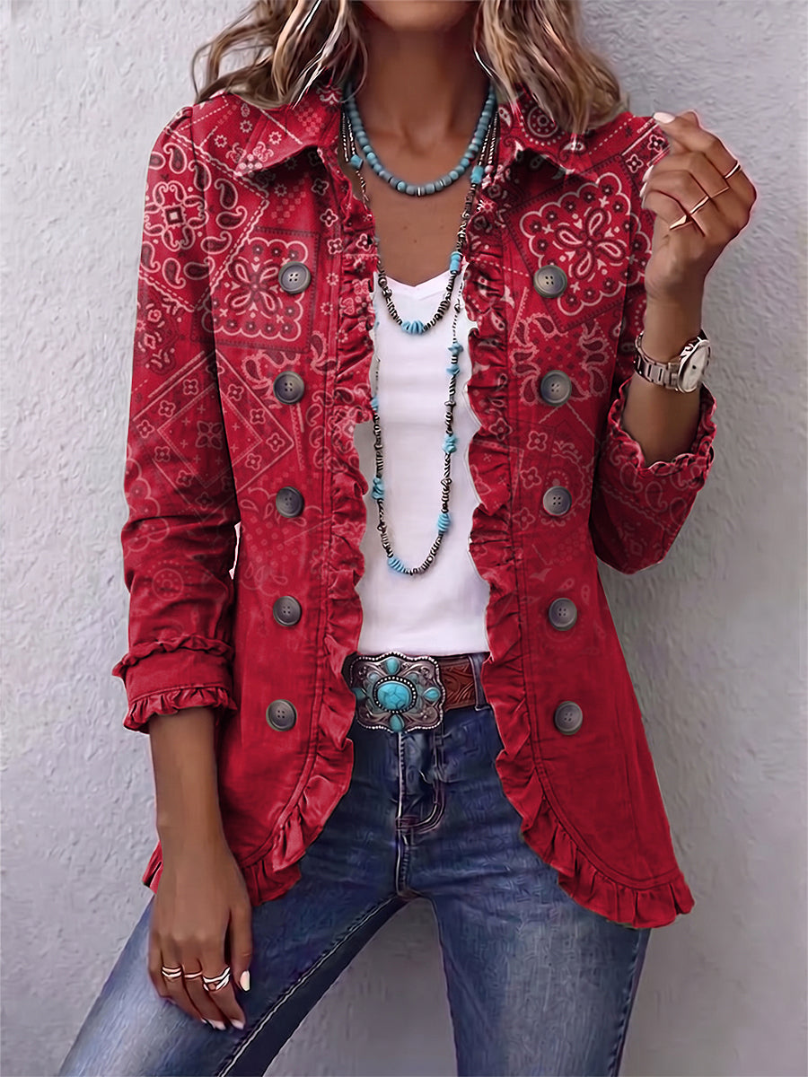Bohemian Paisley Ombré Print Ruffled Linen-cotton Jacket