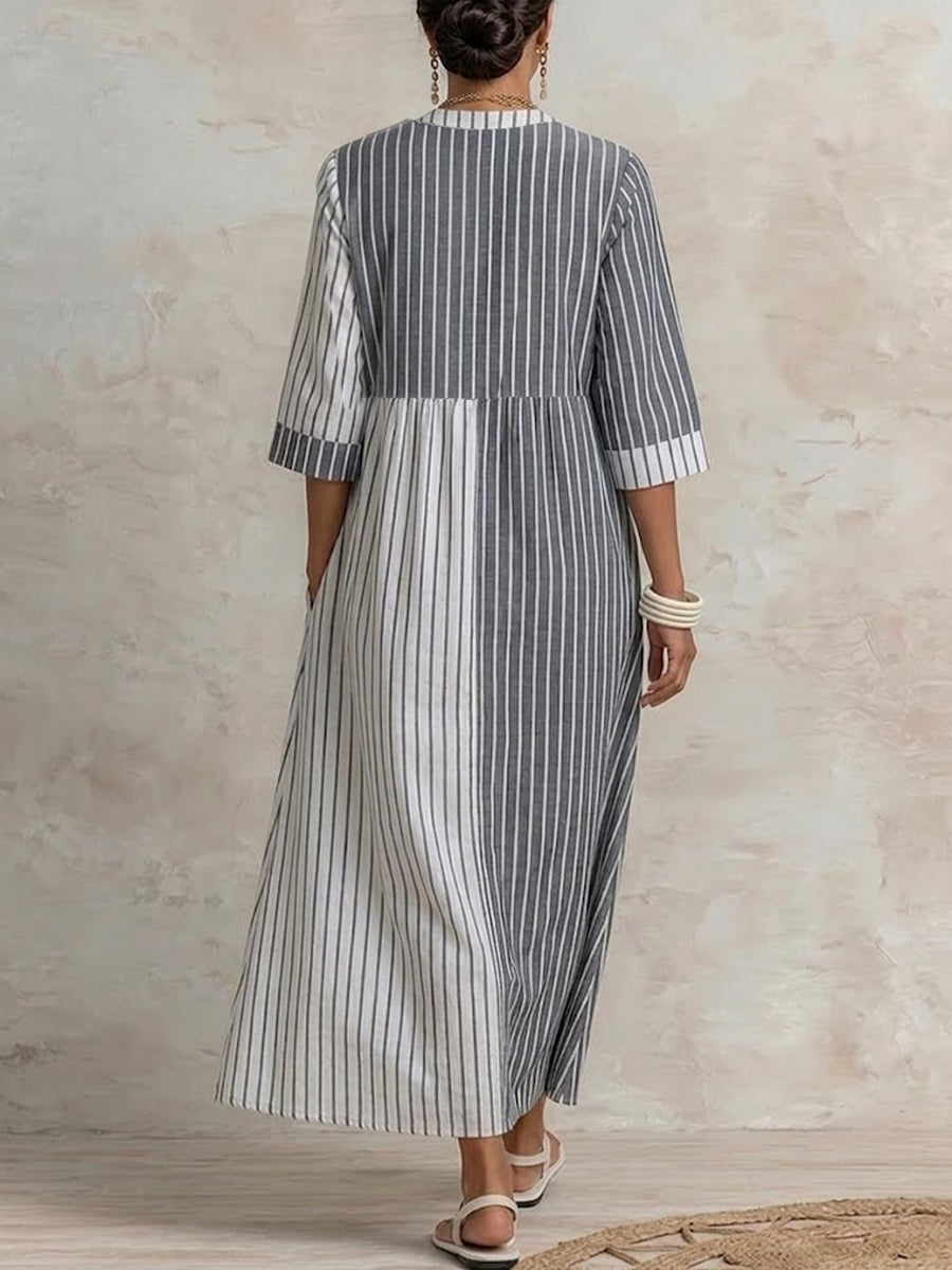 Casual Loose-fit Paneled Striped Cotton-linen Dress