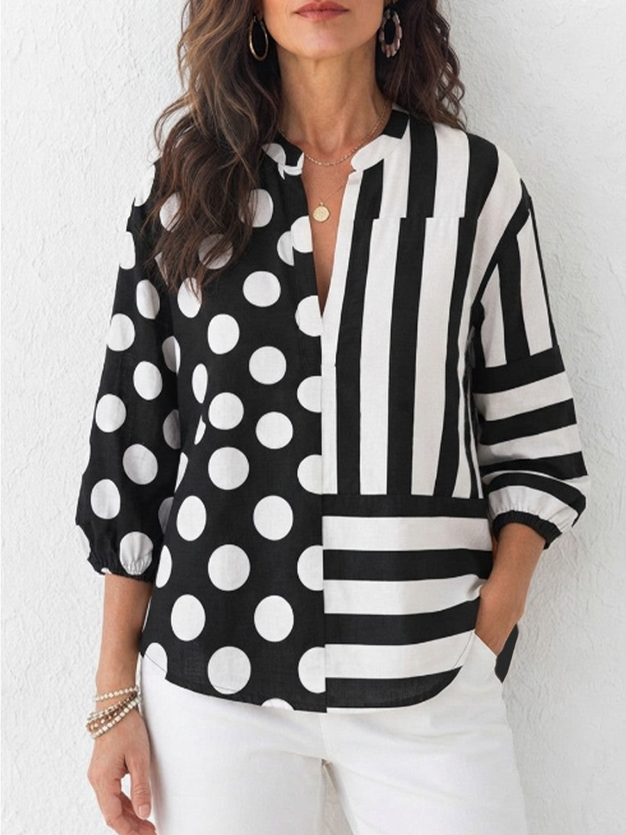 Polka Dot & Stripe Splice Stand Collar 3/4 Lantern Sleeve Linen Blend Top