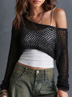 Hollow Mesh Off Shoulder Asymmetric Cropped Long Sleeve Knit Cover Up
