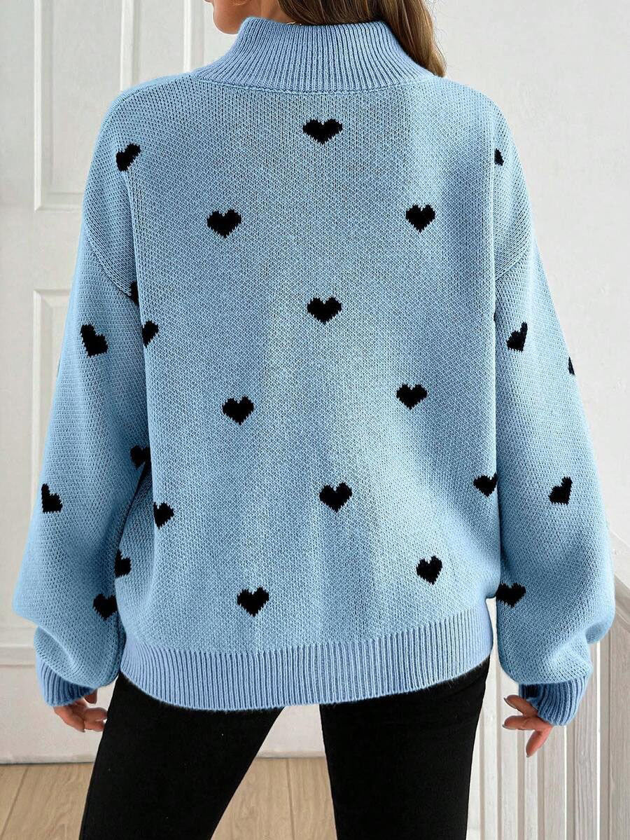 Cozy Half-zip Knit Pullover With Heart Pattern