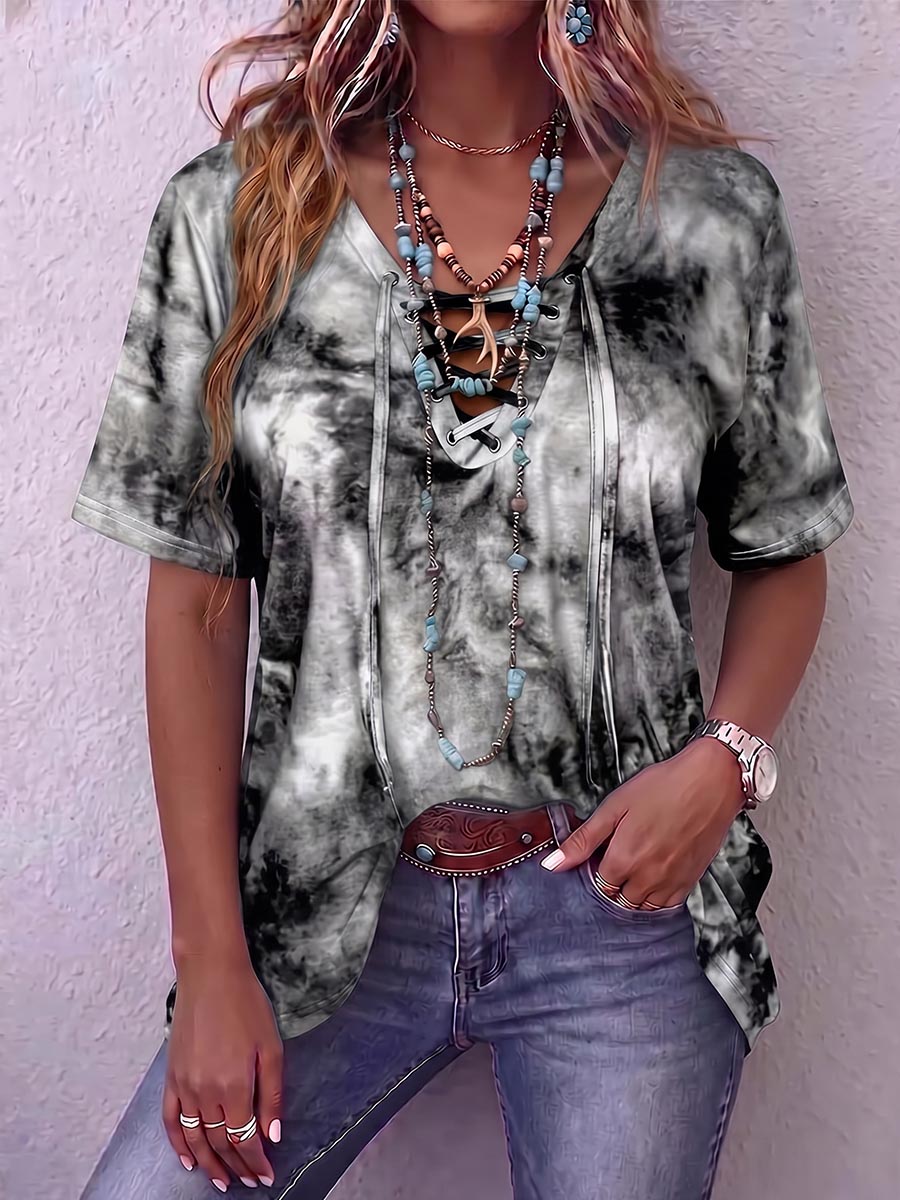 Women's Abstract Print V-neck Tie-waist Short-sleeve Cotton Top