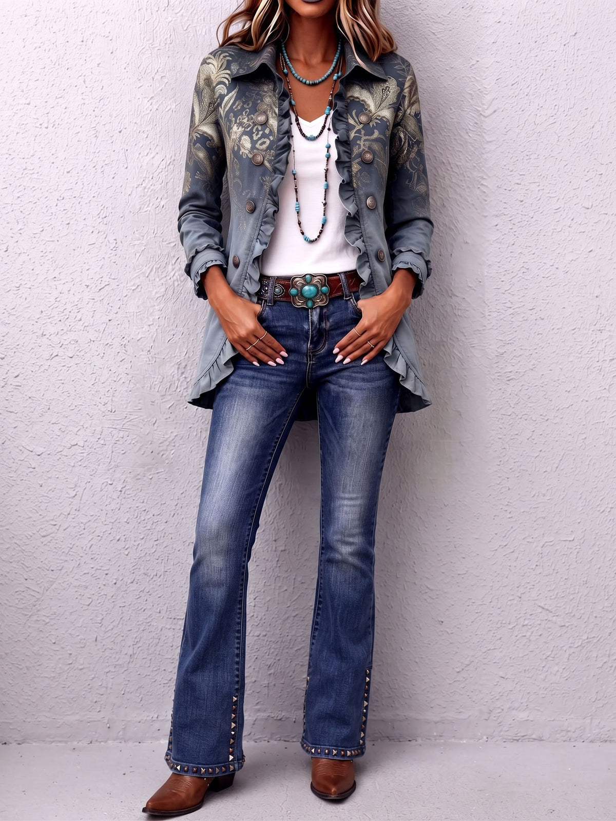Boho Casual Bootcut Studded Stretch Flared Jeans