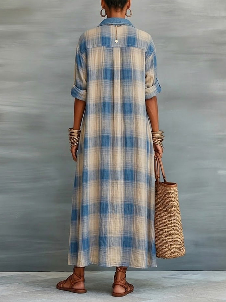 Casual Patchwork Denim, LinenAnd Cotton Plaid Shirt Dress