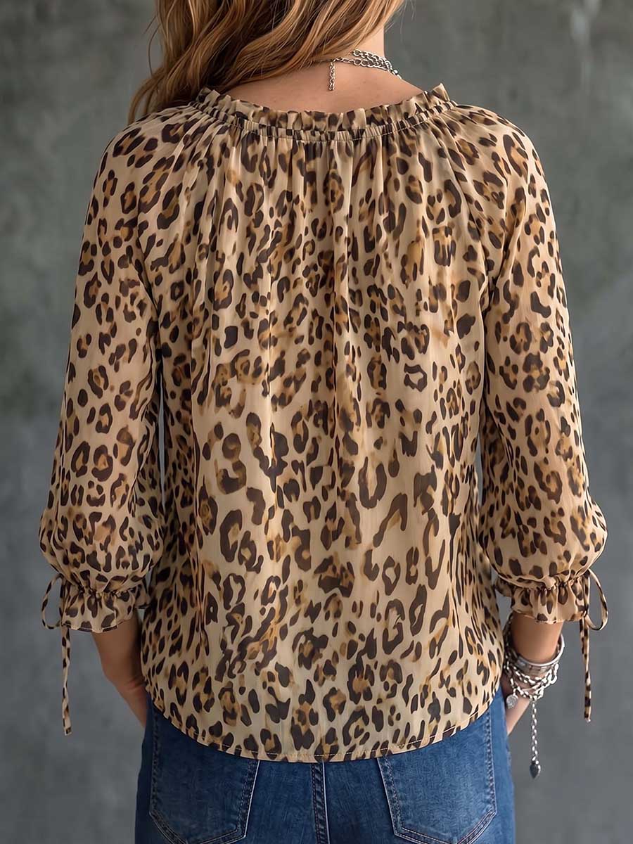 Women's Leopard Print V-Neck Tie-Waist 3/4 Sleeve Casual Loose Cotton Linen Top