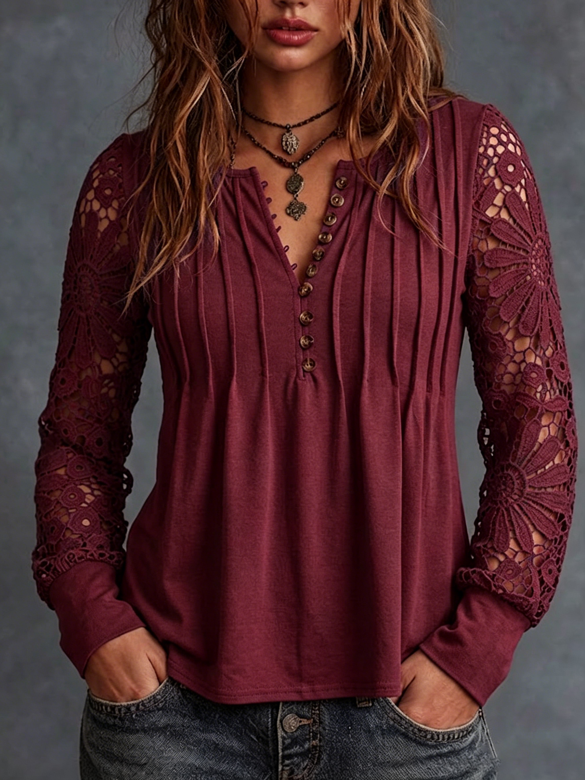 Solid-color Long-sleeve V-neck Pleated Top With Lace Cutouts