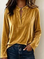 Women's Solid Color V-neck Long Sleeve Casual Loose Velvet Top