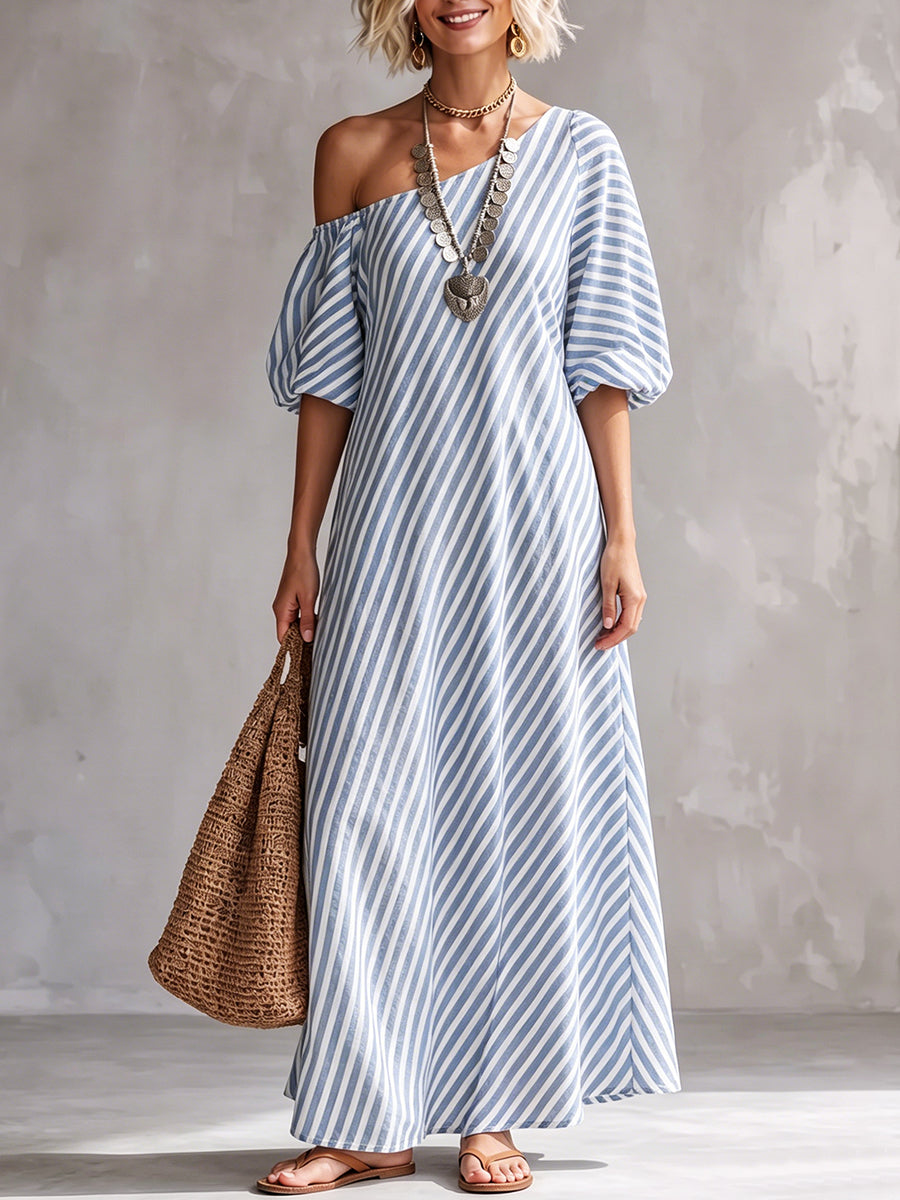 Elegant And Classic Striped Off-shoulder Maxi Dress