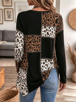 Women Leopard Patchwork Rhinestone Irregular Hem Long Sleeve Tunic Top
