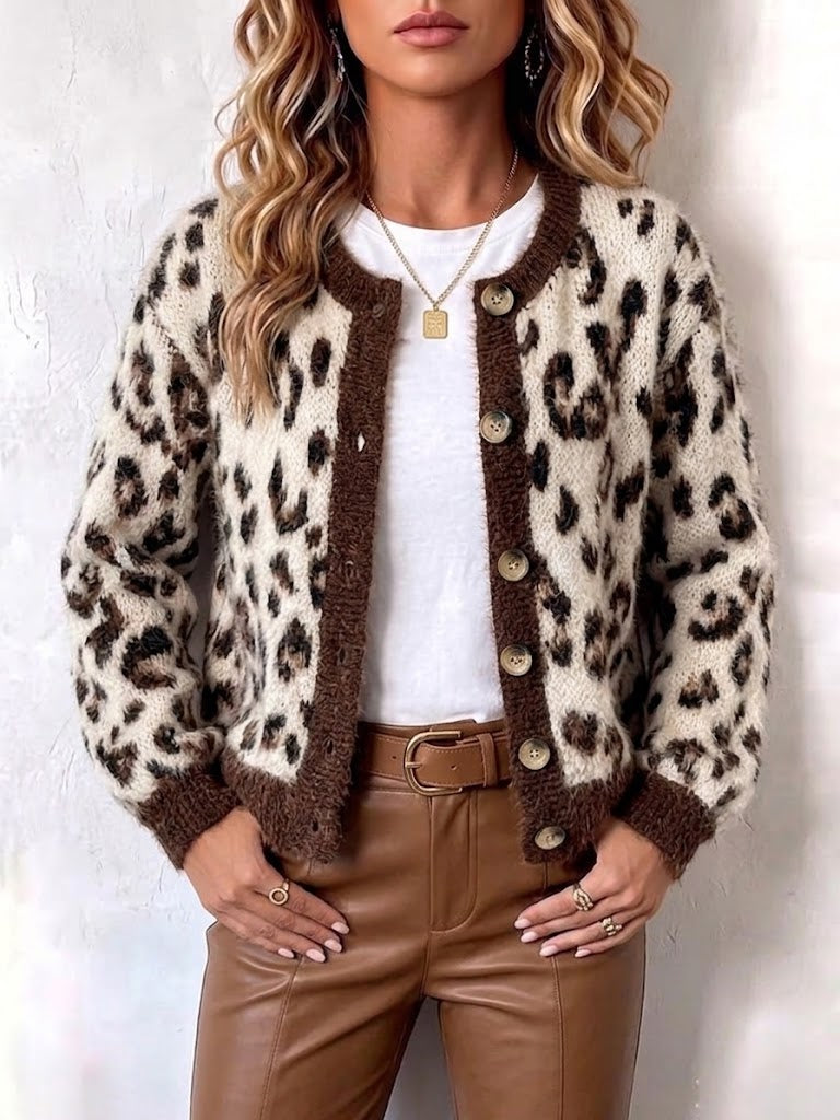 Retro Leopard-print Color-block Jacquard Knit Cardigan