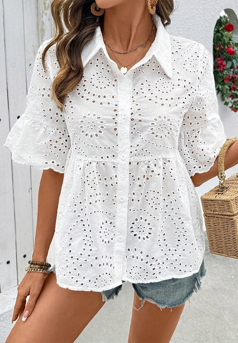 Elegant Ruffle Embroidery Hollow Short Sleeve Art Casual Lapel Shirt