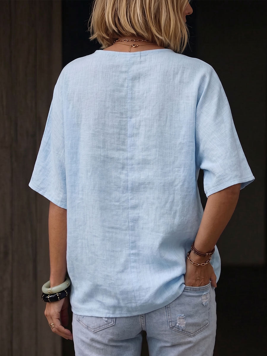 Women's Solid Color Collared 3/4 Sleeve Casual Loose Cotton Linen Top