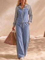 Two-piece Set: Denim-paneled Top And Wide-leg Trousers