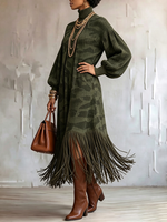 Chic Camouflage Turtleneck Fringed Dress