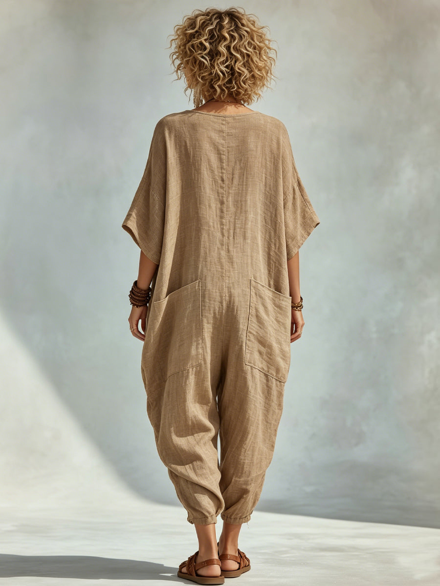 Oversized Linen-look Cotton V-neck Harem Jumpsuit