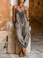Women's V-neck Sleeveless Wide-leg Jumpsuit — Casual, Loose-fit Cotton-linen Blend With Placement Print