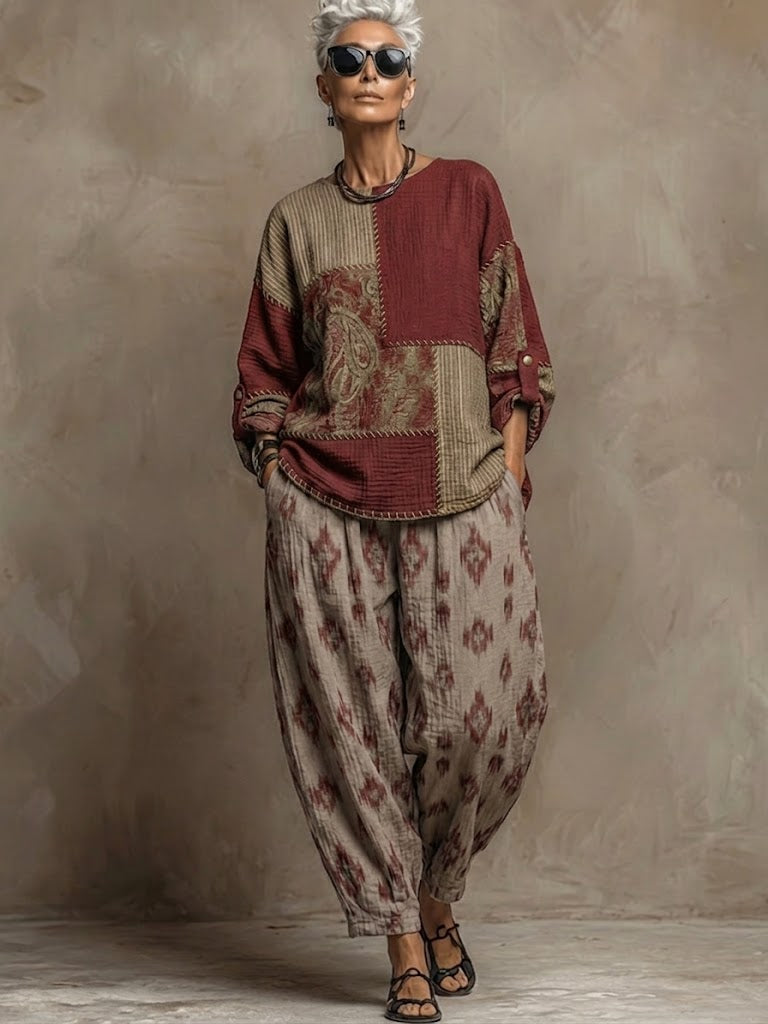Bohemian Paisley Print Linen And Cotton Two-piece Top And Pants Set