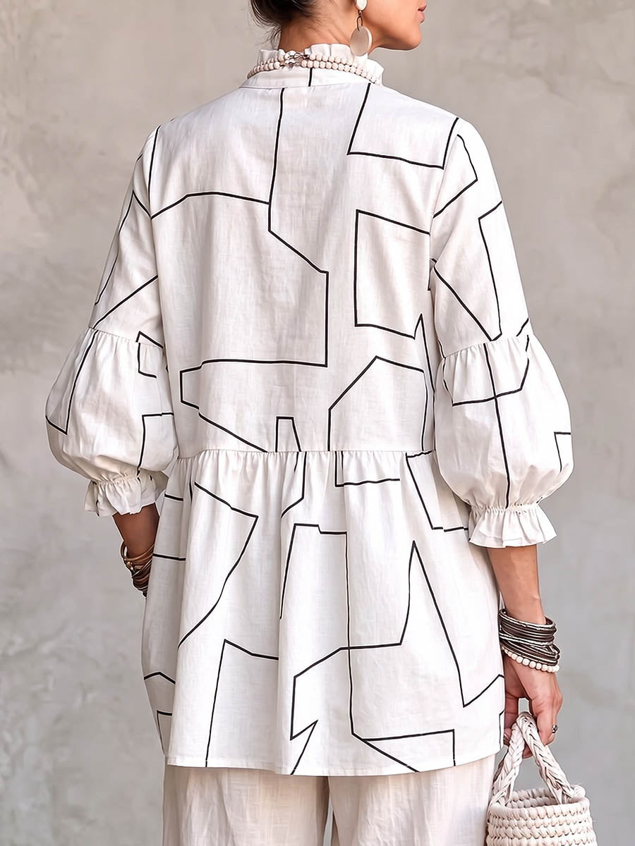 Women's Geometric Print Stand Collar 3/4 Sleeve Casual Loose Cotton Linen Top