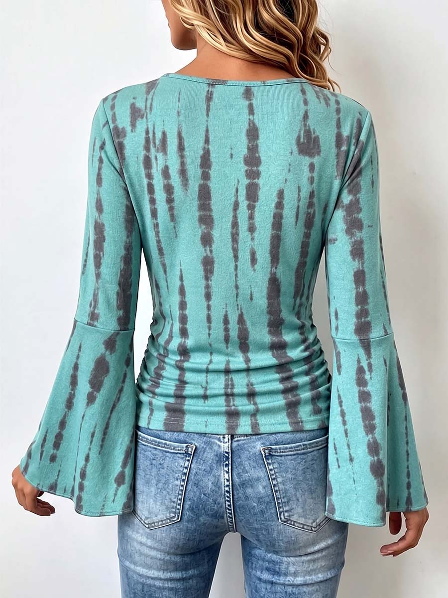 Women's Abstract Print V-neck Long Sleeve Casual Loose Stretch Top