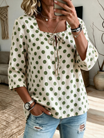 Women's square neck tie-up retro polka dot loose 3/4 sleeve top