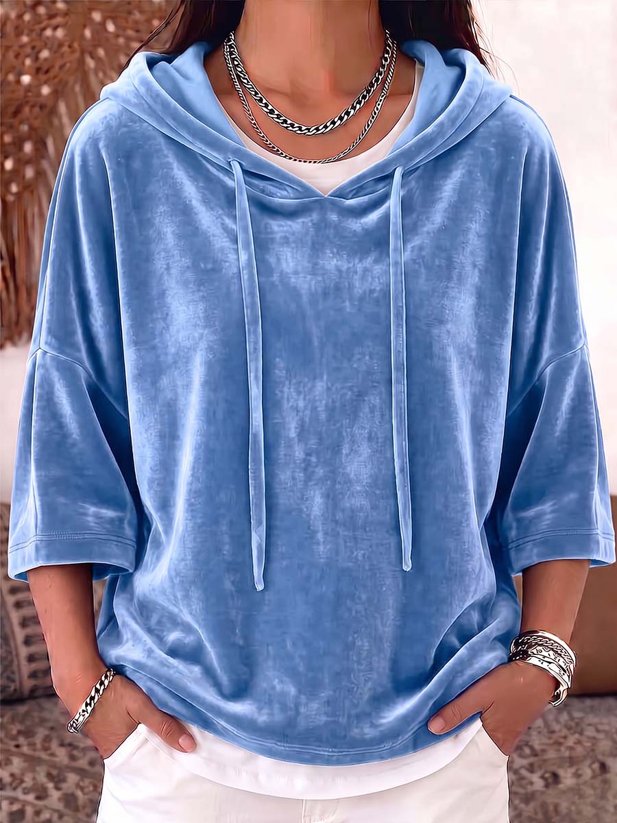 Women's Solid Color 3/4 Sleeve Casual Loose Velvet Hooded Top